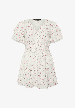 Weißes kurzes Kleid mit rotem und rosa Blumenmuster, V-Ausschnitt, elastischer Taille und mehrlagigen, kurzen, flatternden Ärmeln.