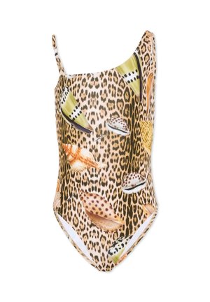 Een badpak met één schouder met luipaardprint en verspreide schelpenpatronen in beige, bruin, groen en oranje tinten.