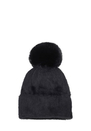 Cappello beanie in finta pelliccia nera con una texture morbida, caratterizzato da un pompon arrotondato sulla parte superiore e un risvolto sul fondo.