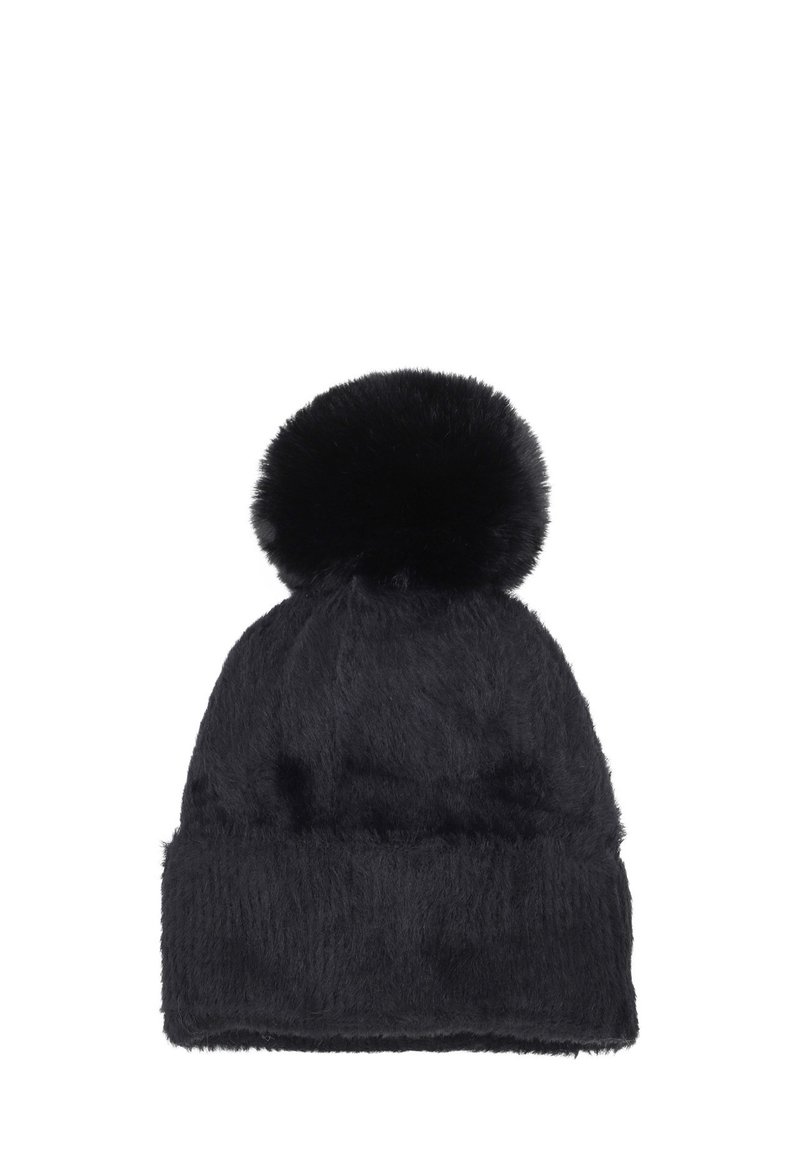 Cappello beanie in finta pelliccia nera con una texture morbida, caratterizzato da un pompon arrotondato sulla parte superiore e un risvolto sul fondo.