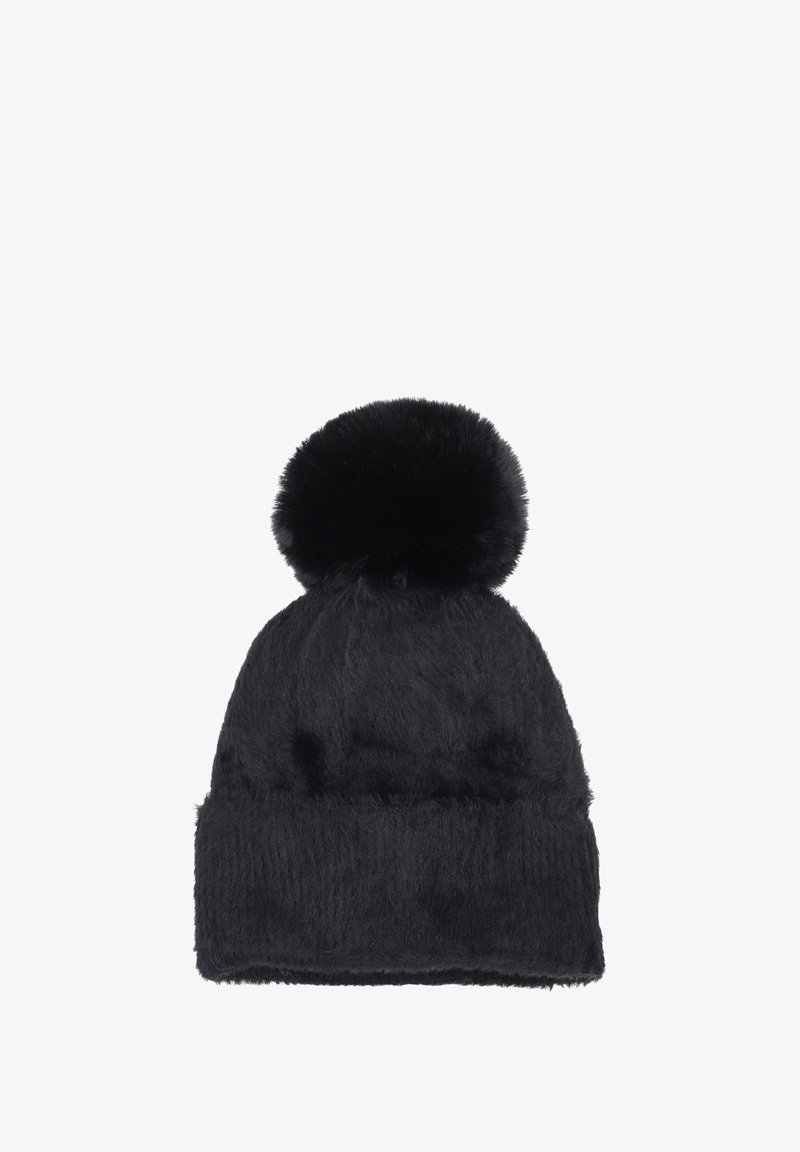 Cappello beanie in finta pelliccia nera con una texture morbida, caratterizzato da un pompon arrotondato sulla parte superiore e un risvolto sul fondo.
