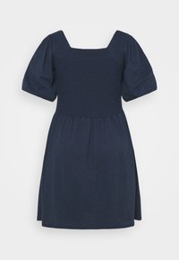 Granatowa sukienka z krótkimi bufkami, kwadratowym dekoltem i marszczonym gorsetem. Spódnica ma luźny krój i kończy się powyżej kolan. Miękka faktura materiału.