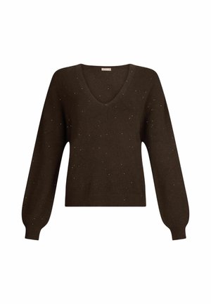 Maglione marrone a maglia con scollo a V, maniche lunghe e dettagli metallici sottili. Texture morbida, vestibilità rilassata e fondo a coste.