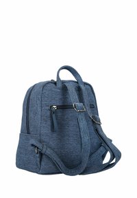 Zaino in denim scuro con più scomparti con zip, spallacci regolabili e una robusta maniglia superiore. Tessuto testurizzato con un motivo mélange.