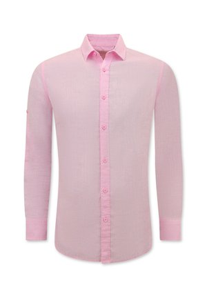 Lichtroze overhemd met lange mouwen, een button-down kraag, knopen aan de voorkant en opgerolde mouwen, gemaakt van een gestructureerde stof.