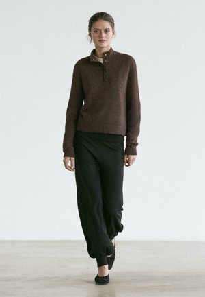 Brown knit sweater with a high collar and button detail, paired with black tapered pants. Soft texture, relaxed fit, and ankle-length.