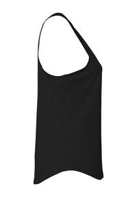 Zwarte mouwloze top met een ronde halslijn, rechte snit en een gladde textuur. Minimale stiksel details langs de zijkanten. Geen patronen of accenten.