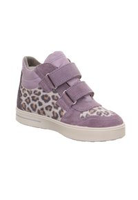 Lila High-Top-Sneaker mit Leopardenmuster, aus Wildleder und synthetischen Materialien, mit doppelten Klettverschlüssen und Gummisohle.