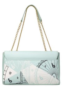 Borsa a tracolla in pelle ecologica verde menta con un design a motivo che presenta elementi bianchi e neri. Catenina dorata. Forma rettangolare.