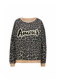 Sweater met luipaardprint en ronde halslijn, voorzien van het woord "Amour" in witte en zwarte borduursel. Geribde manchetten en zoom in beige.