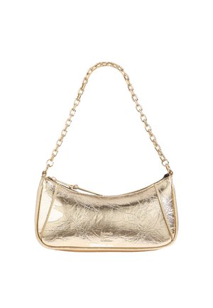 Goldene metallische Schultertasche mit kurzem Kettenriemen und Reißverschluss oben, mit geknitterter Textur und dezentem Logo vorne.
