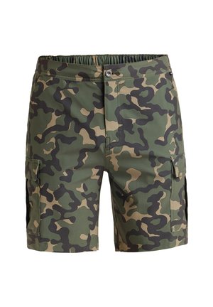 Kamuflasointi cargo-shortsit vihreinä, ruskeina ja mustina. Ominaisuuksiin kuuluu sivutaskut, joustava vyötärö ja kestävä, sileä kangas.