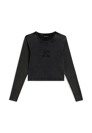 Crop top a maniche lunghe nero a coste con un design testurizzato di Topolino al centro. Collo rotondo con orli rifiniti.