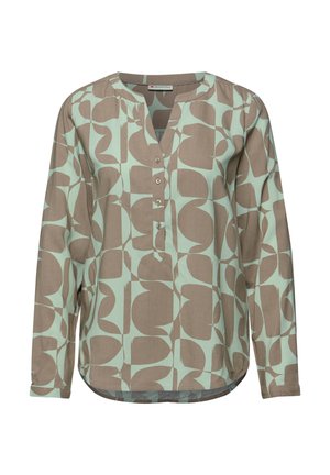 Blouse à manches longues avec encolure ronde, patte de boutonnage partielle, et motifs abstraits marron sur tissu vert clair.