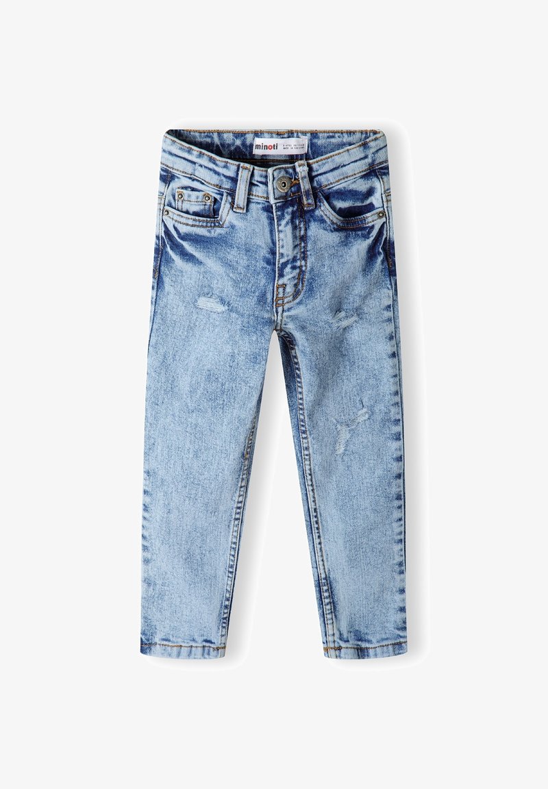 Jean enfant bleu clair avec de légers détails usés, poches avant et arrière, passants de ceinture et fermeture par bouton à la taille.