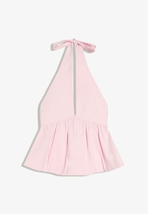 Haut rose clair à col licou avec une lanière nouée autour du cou et un ourlet peplum froncé et évasé.