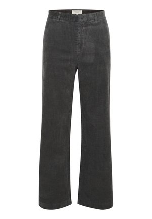 Pantaloni in corduroy di colore grigio scuro, con un design a gamba larga, texture a righe verticali e vita standard con zip.