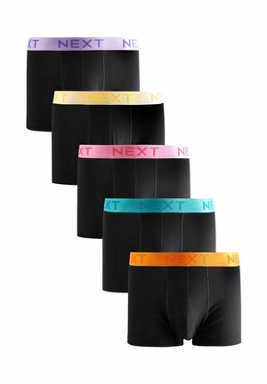 Schwarze Boxershorts mit verschiedenen farbigen Bündchen: lila, gelb, pink, blau und orange, mit dem kontrastierenden "NEXT"-Logo.
