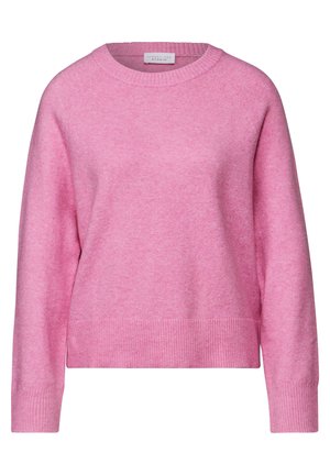 Różowy sweter robiony na drutach z okrągłym dekoltem i długimi rękawami. Posiada ściągacze na mankietach i u dołu, miękką teksturę oraz lekko luźny krój.