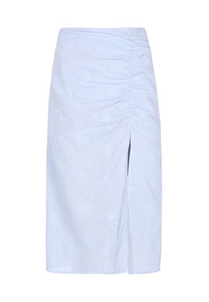 Svetlomodrá sukňa vyrobená z textúrovanej látky, s nariasením na jednej strane a rozparkom. Kvetinový vzor jemne embosovaný po celej látke.