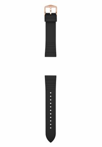 Correa de reloj de goma negra con un diseño Texturizado, que presenta una hebilla de oro rosa y múltiples agujeros de ajuste. Acabado suave y extremo afilado.