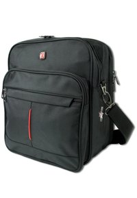 Zwarte nylon laptoptas met een gestructureerd oppervlak, meerdere compartimenten, een rode accenten, een verstelbare schouderband en een metalen rits.