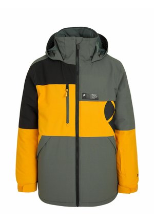 Farbblockierte Jacke in Gelb, Schwarz und Grau. Mit einer Reißverschlusstasche, verstellbarem Kapuze und strukturiertem Stoff. Mit Belüftungsöffnungen ausgestattet.