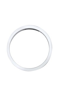 Cirkulært spejl med en slank, poleret sølvramme. Overfladen er glat og reflekterende, designet med en minimalistisk æstetik.
