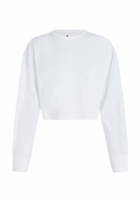 Cropped white sweatshirt with long sleeves, round neckline, and subtle embossed logo on the chest, made of soft, lightweight fabric.