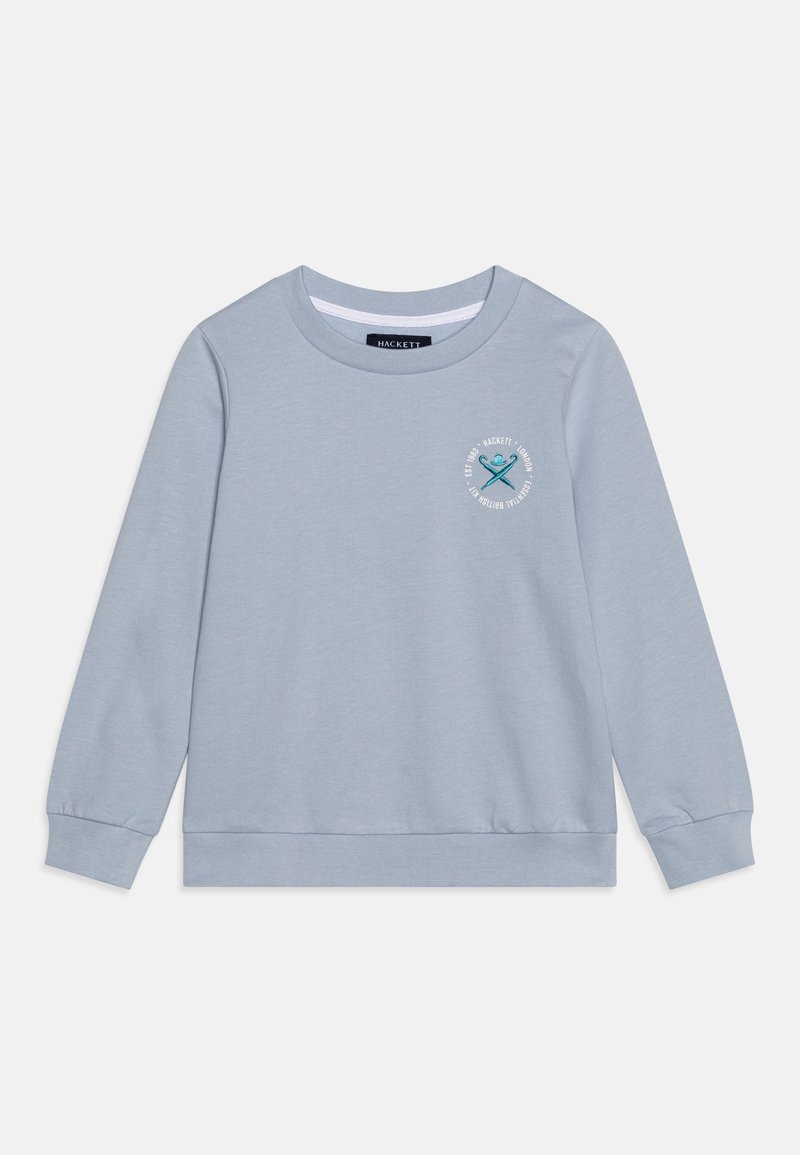 Sudadera azul claro con cuello redondo y mangas largas, que presenta un pequeño parche de logo en el pecho y puños y dobladillo acanalados.