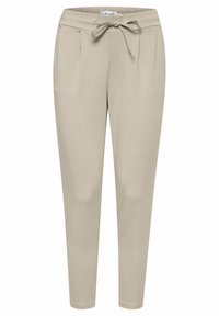 Beiga joggingbyxor tillverkade av mjukt tyg, med resårmidja och dragsko, två framfickor och tapered ben design.