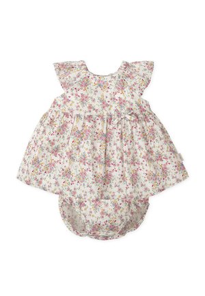 Mono para bebé con motivos florales en tela ligera, con escote fruncido y mangas cortas, de corte holgado y cintura recogida, estampado con pequeñas flores.