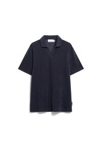 Marineblauwe polo met korte mouwen, gemaakt van zachte stof, met een V-hals en een licht gestructureerd oppervlak. Minimalistisch ontwerp zonder patronen of accenten.