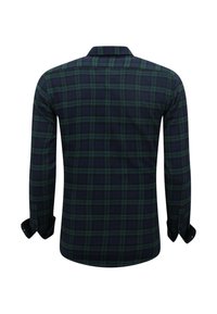 Achteraanzicht van een langemouwen geruite shirt in donkerblauw en groen. Heeft een klassieke kraag en knoopmanchetten. Zachte stofstructuur.