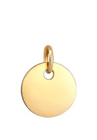 Guld cirkulær vedhæng med en glat, skinnende overflade og et lille hul øverst til fastgørelse. Minimalistisk design, flad form.