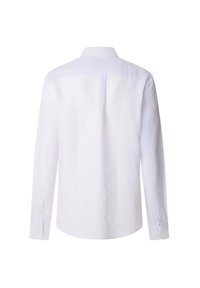 Weißes, langärmliges Hemd mit Knöpfen, von hinten gezeigt, mit einem dezenten vertikalen Streifenmuster und geknöpften Manschetten.