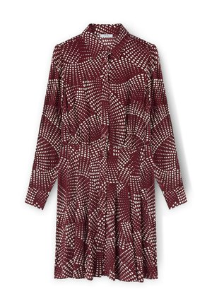 Robe chemise bordeaux avec un motif abstrait blanc, dotée d'un col, de manches longues, d'une fermeture à boutons sur le devant et d'un design de jupe plissée.