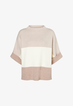 Lichtgewicht gebreide trui met een hoge hals, korte mouwen en drie horizontale kleurvlakken: lichtbeige, crème en zachtbruin.