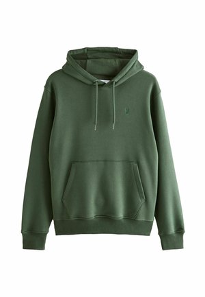 Groene katoenen hoodie met een voorkuil, verstelbare trekkoordkap, ribgebreide manchetten en een klein logo. Gladde textuur, casual ontwerp.