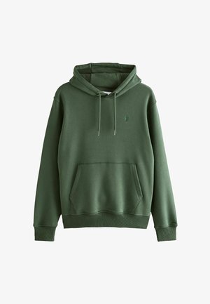 Groene katoenen hoodie met een voorkuil, verstelbare trekkoordkap, ribgebreide manchetten en een klein logo. Gladde textuur, casual ontwerp.