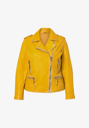 Keltainen nahkainen moottoripyörätakki, jossa on vetoketjukiinnitys, olkanepparit ja useita vetoketjullisia taskuja. Silkkinen pinta ja vartalonmyötäinen muotoilu.