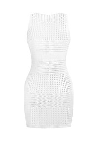 Witte gebreide jurk met een aansluitende silhouette, voorzien van een open geweven patroon en ribbelstructuur, mouwloos met een ronde halslijn.