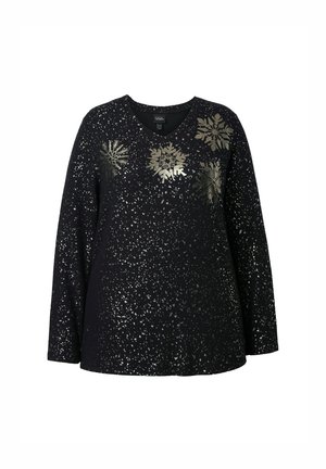 Black long-sleeve top with a V-neck, featuring scattered metallic gold snowflake designs and a textured, sparkly surface.