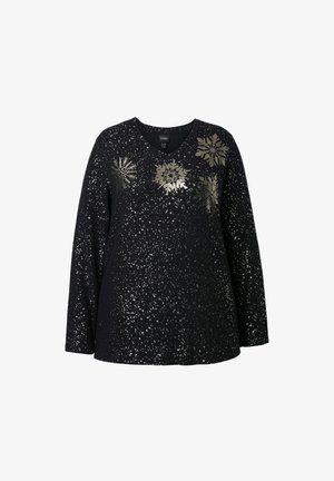 Sort langærmet top med V-udskæring, der har spredte metalliske guld snefnugsdesign og en tekstureret, glitrende overflade.