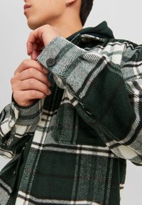 Grün-weiß kariertes Flanellhemd mit schwarzen Knöpfen, einer weichen Textur und darunter einer schichtartigen, dunkelgrünen Kapuzensweatjacke.