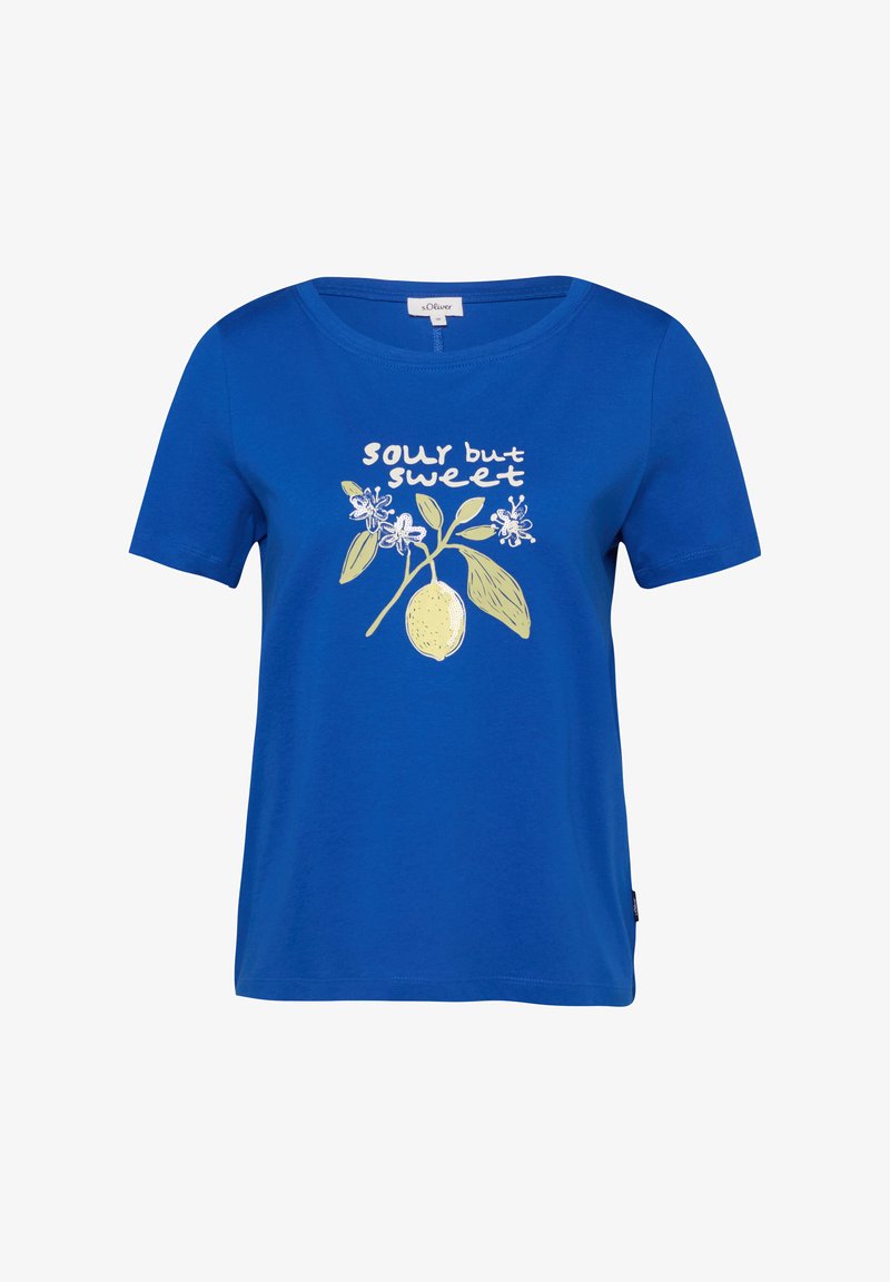 Niebieski T-shirt z krótkim rękawem z ilustracją gałązki cytryny i napisem „kwaśny, ale słodki” na przodzie.