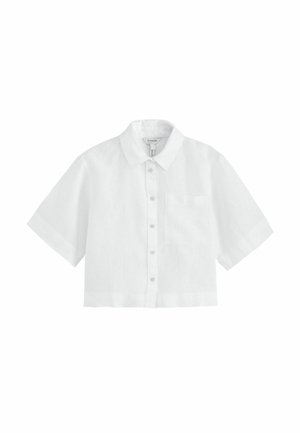 White short-sleeve cropped shirt with button front, collar, and single chest pocket.