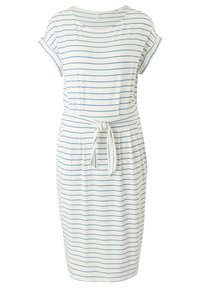 Gestreiftes Kleid in Weiß und Marineblau, mit rundem Ausschnitt, kurzen umgeschlagenen Ärmeln, tailliertem Bund und midi-langer Passform.