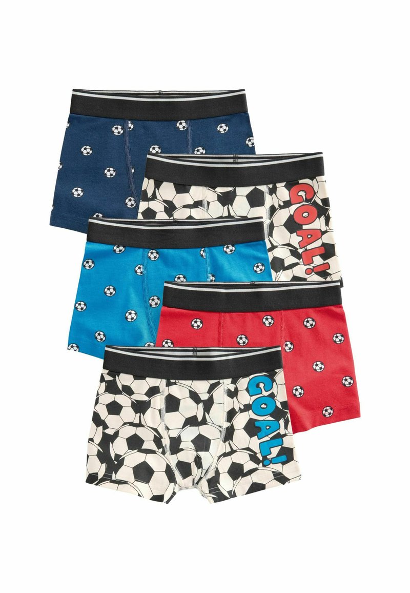 Boxerset i marinblått, blått, rött och svart. Har mönster med fotbollar och ordet "MÅL!" på designen. Mjuk blandning av bomull, elastisk midja.