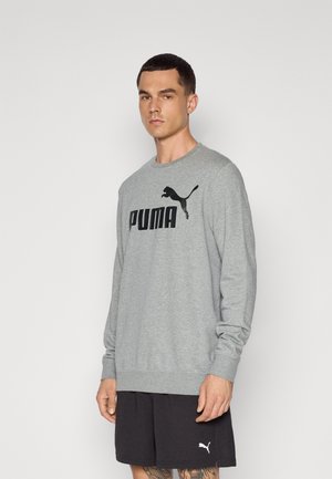 Grå sweatshirt med lange ærmer og ribbede manchetter, med et stort sort "PUMA"-logo på fronten. Kombineret med sorte shorts.